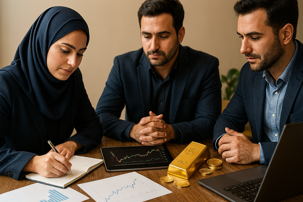 یک خانم در حال نوشتن یادداشت و بررسی نمودار قیمت طلا روی لپ‌تاپ و کاغذ است. دو مرد در کنار او مشورت می‌کنند. روی میز شمش و سکه طلا، دفترچه، نمودارهای مالی و لپ‌تاپ دیده می‌شود. 