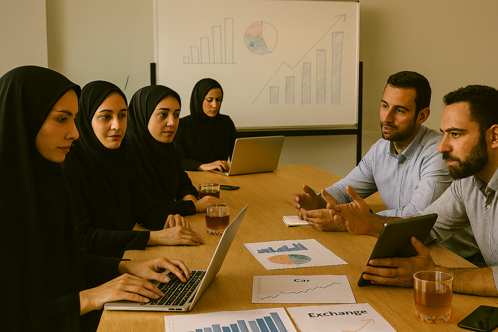 جلسه استراتژی یک تیم کسب‌وکار ایرانی. کارکنان در حال تحلیل فرصت‌های اقتصادی جلوی تخته سفید با نمودارهای مالی. روی میز لپ‌تاپ، موبایل و لیوان نوشیدنی دیده می‌شود. 