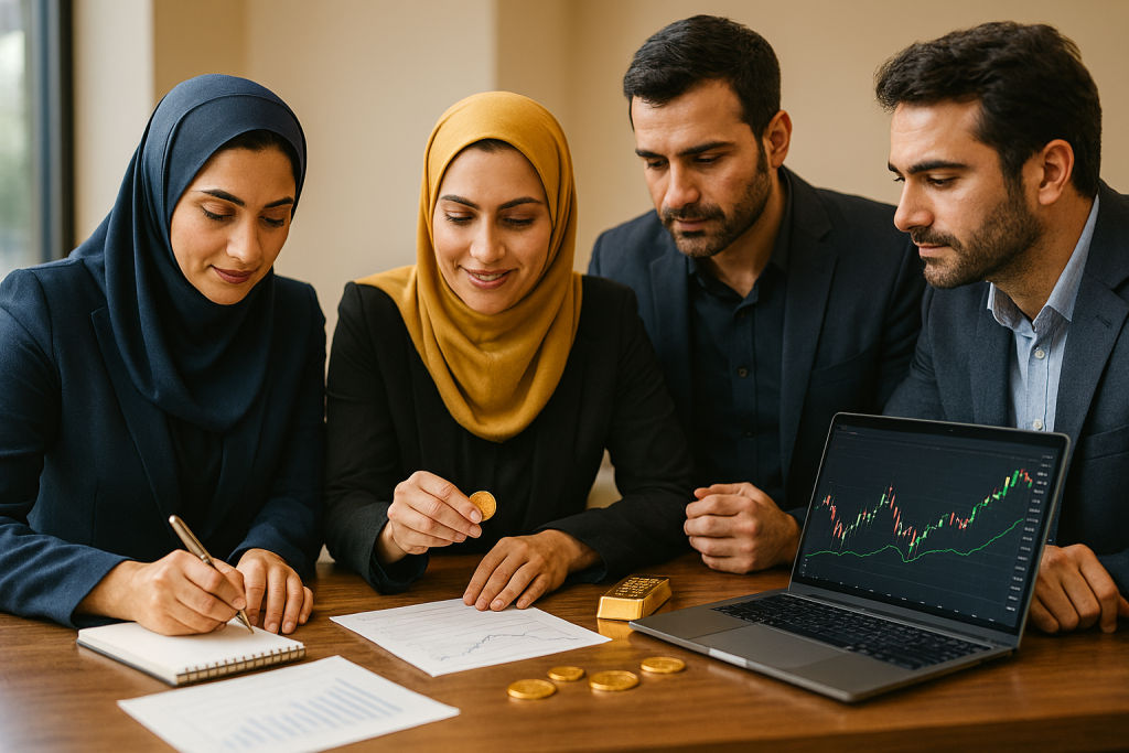 دو خانم در حال انتخاب سکه و شمش طلا در یک محیط نمایشگاهی حرفه‌ای هستند. مردان کنارشان مشاوره و بررسی قیمت‌ها را انجام می‌دهند. زاویه‌ی افقی از نیمه‌ساید، نورپردازی ملایم، تمرکز روی دست‌ها، طلا و چهره‌ها، رنگ‌بندی گرم و حرفه‌ای حس تصمیم‌گیری هوشمندانه و مدیریت دارایی را القا می‌کند.
