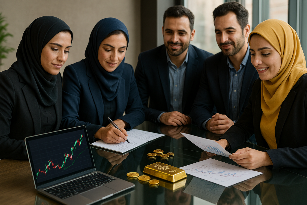 در یک دفتر مدرن با میز شیشه‌ای بزرگ، چند خانم در حال بررسی نمودارها و قیمت طلا هستند. مردان در کنار آن‌ها حضور دارند. روی میز سکه و شمش طلا، لپ‌تاپ و اسناد دیده می‌شود. 