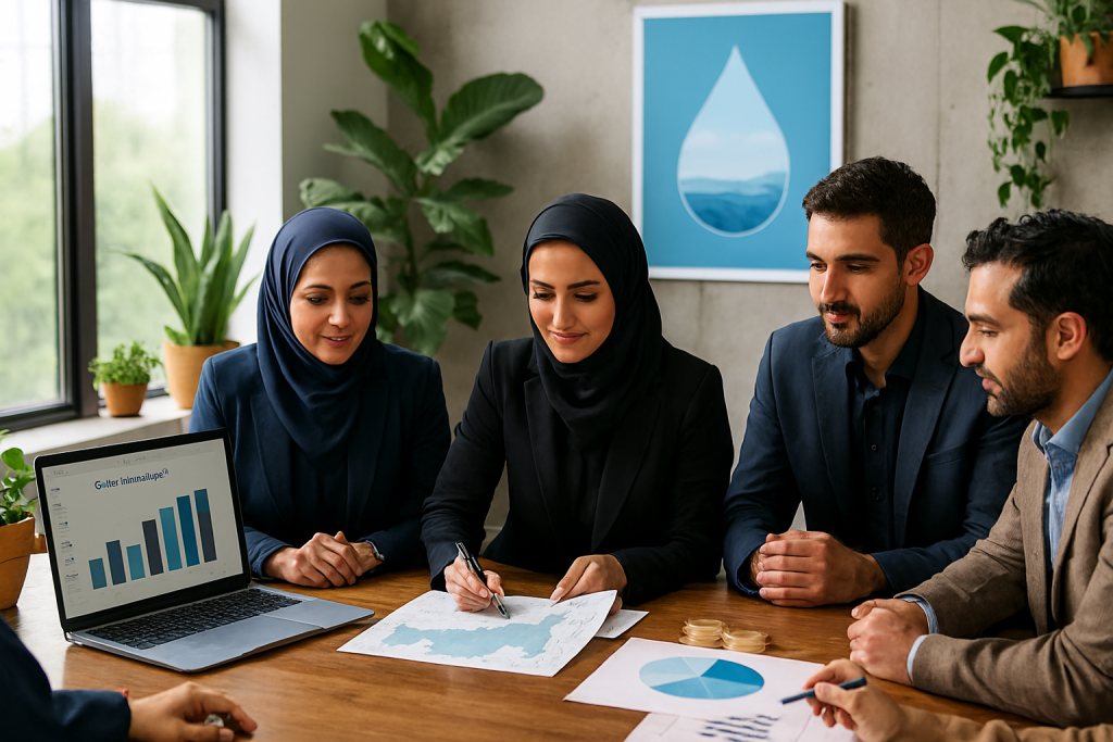 در یک دفتر مدرن و پایدار، چند خانم با  و چند آقا در حال بررسی نقشه‌ها و نمودارهای مصرف آب هستند. میز چوبی با گیاهان طبیعی، پنجره‌های بزرگ با نور طبیعی، و المان‌های مرتبط با مدیریت منابع آب دیده می‌شود. 