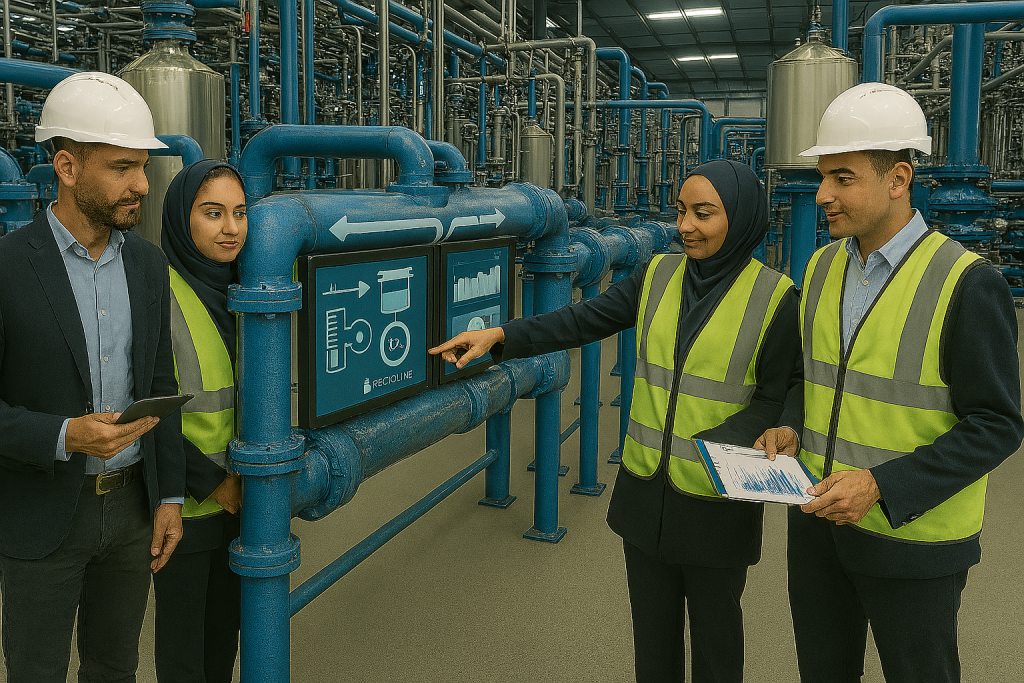 چهار کارشناس با لباس ایمنی در کارخانه بازیافت آب، در حال بررسی داده‌های مصرف و پایداری روی نمایشگرهای دیجیتال نصب‌شده روی لوله‌های شفاف صنعتی هستند.
