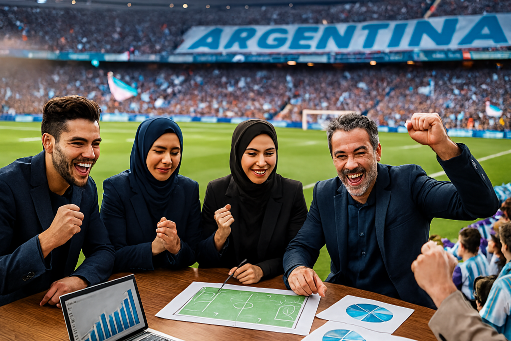 چهار مدیر ایرانی دو خانم و دو مرد وسط زمین فوتبال آرژانتین دور میز کاری نشسته‌اند. آن‌ها در حال بررسی نمودارها، نقشه‌های استراتژیک و داده‌های کسب‌وکار هستند. استادیوم پر از تماشاگران پرشور با پرچم‌های آبی و سفید است. 