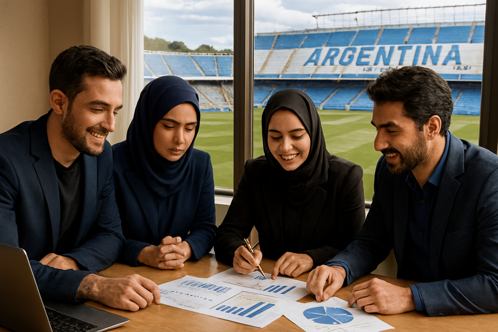 چهار کارآفرین ایرانی دو خانم و دو آقا دور میز چوبی در حال بررسی نمودارها و پروژه‌ای گروهی هستند. پشت سرشان پنجره‌ای بزرگ نمایی از استادیوم فوتبال آرژانتین با صندلی‌های آبی و سفید و زمین سبز خط‌کشی‌شده را نشان می‌دهد. نور طبیعی از پنجره وارد فضا شده و حس همکاری، تمرکز و الهام از کار تیمی را منتقل می‌کند.
