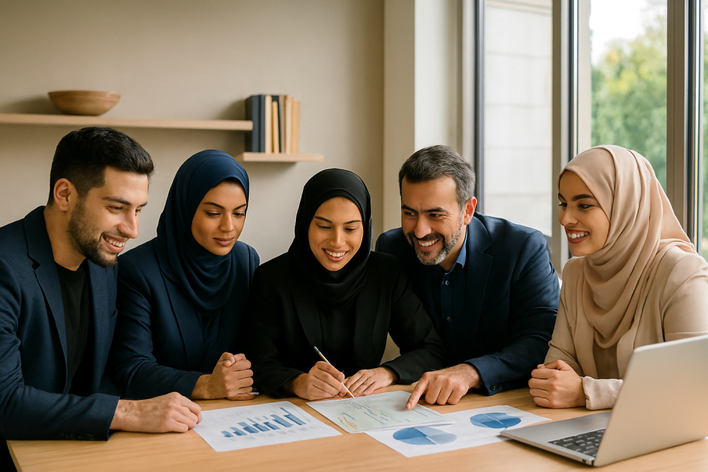 در یک دفتر مدرن، چند مدیر زن و مرد  دور میز چوبی نشسته‌اند و در حال بررسی نقشه‌ها و نمودارهای کسب‌وکار هستند. نور طبیعی از پنجره‌های بزرگ وارد فضا شده، چهره‌ها صاف و طبیعی، و دکور مدرن حس انرژی و تصمیم‌گیری حرفه‌ای را منتقل می‌کند.
