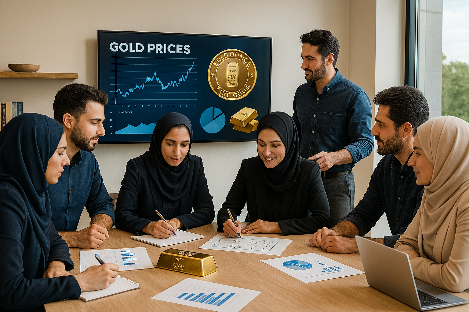 در یک کارگاه آموزشی کسبوکار، چند زن در حال یادداشتبرداری و چند مرد در حال ارائه اطلاعات هستند. نمودارهای انس جهانی طلا روی صفحه بزرگ نمایش داده شدهاند. فضای مدرن و پویا با جزئیات دقیق ابزارها، شمش طلا، لپتاپ و حس تصمیمگیری هوشمندانه در شرایط نوسان بازار را منتقل میکند.