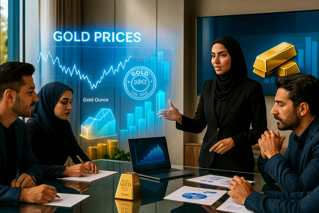 در یک اتاق کنفرانس لوکس و مدرن، خانمی در حال ارائه راهکارهای کسب‌وکار با تمرکز روی طلا است. چند آقا در حال مشارکت و تحلیل هستند. روی میز شیشه‌ای بزرگ، نمودارهای دیجیتال قیمت انس جهانی طلا به صورت هولوگرافیک و سه‌بعدی نمایش داده شده‌اند. نور طبیعی و طراحی مینیمال، چهره‌های صاف و زاویه دوربین افقی حس قدرت و همکاری را منتقل می‌کند.

