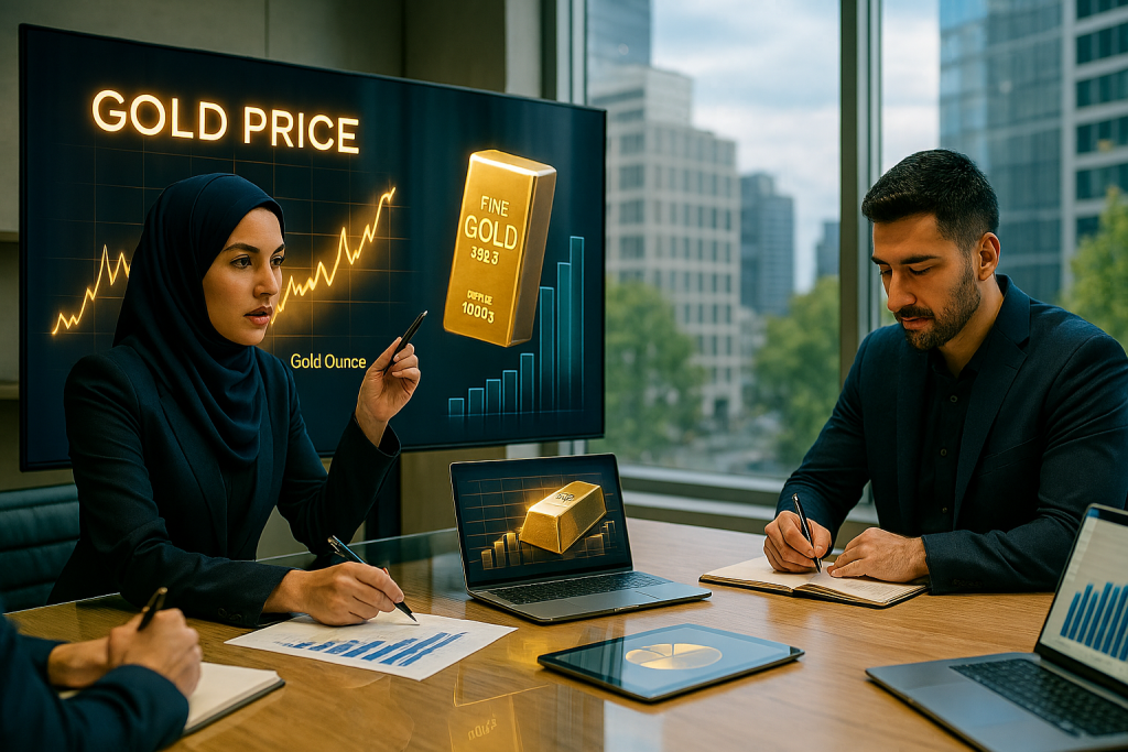 در یک دفتر کاری مدرن، خانمی با قلم دیجیتال به نمودارهای طلایی انس جهانی طلا روی نمایشگرهای لمسی و هولوگرافیک اشاره می‌کند. آقایی در حال یادداشت‌برداری و تحلیل است. میز چوبی بزرگ با لپ‌تاپ، تبلت، دفترچه‌های طراحی و نمودارهای تحلیلی چیده شده. نور طبیعی از پنجره‌های بزرگ وارد فضا شده و جزئیات شهری در پس‌زمینه دیده می‌شود. 