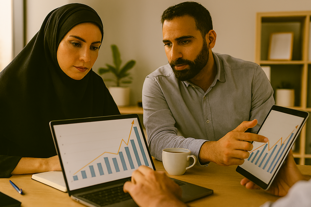 نمای نزدیک از یک خانم و آقا در دفتر مدرن، در حال بررسی نمودارهای مالی روی لپ‌تاپ و تبلت. میز شامل خودکار، دفترچه یادداشت و فنجان قهوه است.
