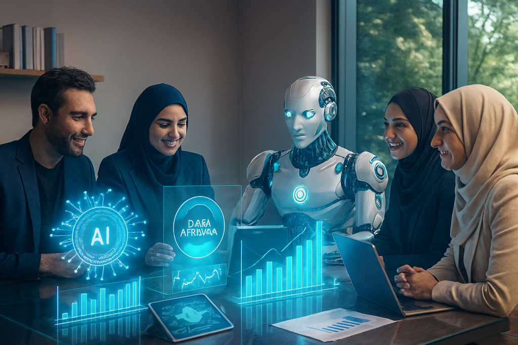 در یک جلسه کاری مدرن در کلینیک کسب‌وکار، چند فرد حرفه‌ای ایرانی، دور میز شیشه‌ای نشسته‌اند. روی صفحه‌های لپ‌تاپ و تبلت نمودارهای هوش مصنوعی و تحلیل داده‌ها دیده می‌شود. کنار آن‌ها یک ربات هوش مصنوعی با طراحی پیشرفته نشسته و در تعامل است. 