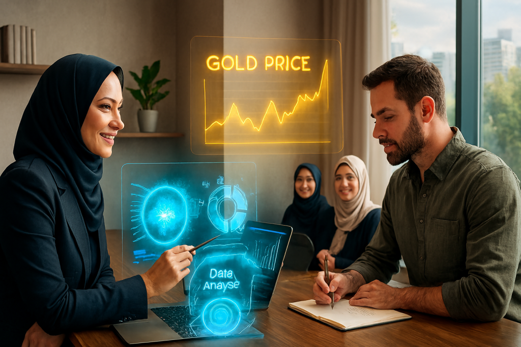 در یک فضای آموزشی مدرن، چند خانم  و آقا دور میز چوبی نشسته‌اند. آن‌ها در حال تعامل با مربی هستند و لپ‌تاپ و تبلت‌هایی با نمودارهای هوش مصنوعی و تحلیل داده‌ها در دست دارند. نمایشگرهای هولوگرافیک شامل نمودار خطی، دایره‌ای و آیکون‌های AI در فضای اتاق دیده می‌شود.