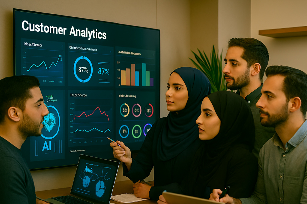 در یک فضای کاری مدرن، چند کارمند ایرانیئدر کنار نمایشگر بزرگی با نمودارها و داشبورد تحلیلی مشتری ایستاده‌اند. آن‌ها با نگاه دقیق و حالت‌های حرفه‌ای در حال تعامل تیمی هستند. 