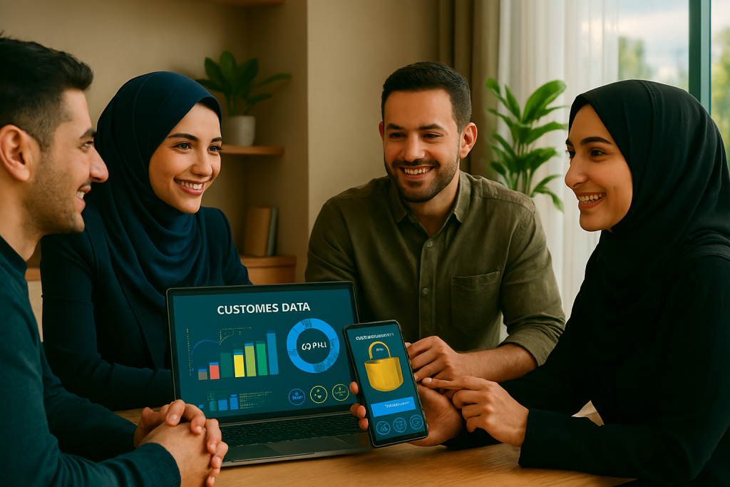 چند کارشناس و مدیر کسب‌وکار ایرانی در یک محیط مدرن و نورانی دور میز نشسته‌اند و در حال بحث و بررسی داده‌های مشتری هستند. ابزار تحلیل روی لپ‌تاپ و تبلت، نور طبیعی و گیاهان سبز، چهره‌های شاد و حرفه‌ای حس طوفان فکری، تعامل و اعتمادسازی را منتقل می‌کند.
