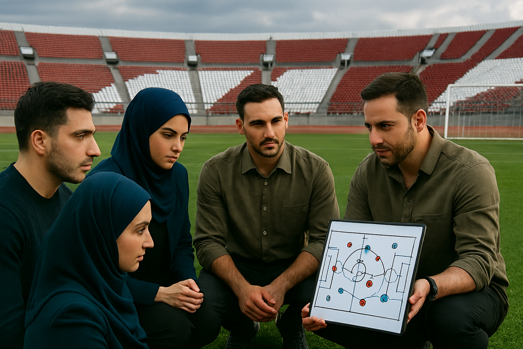 در یک استادیوم فوتبال با صندلی‌های قرمز و سفید، گروهی از مدیران و کارمندان ایرانی روی چمن سبز نشسته‌اند. مربی (مدیر ارشد) با حالت نیم‌نشسته در حال ارائه استراتژی روی تخته تاکتیکی است. 