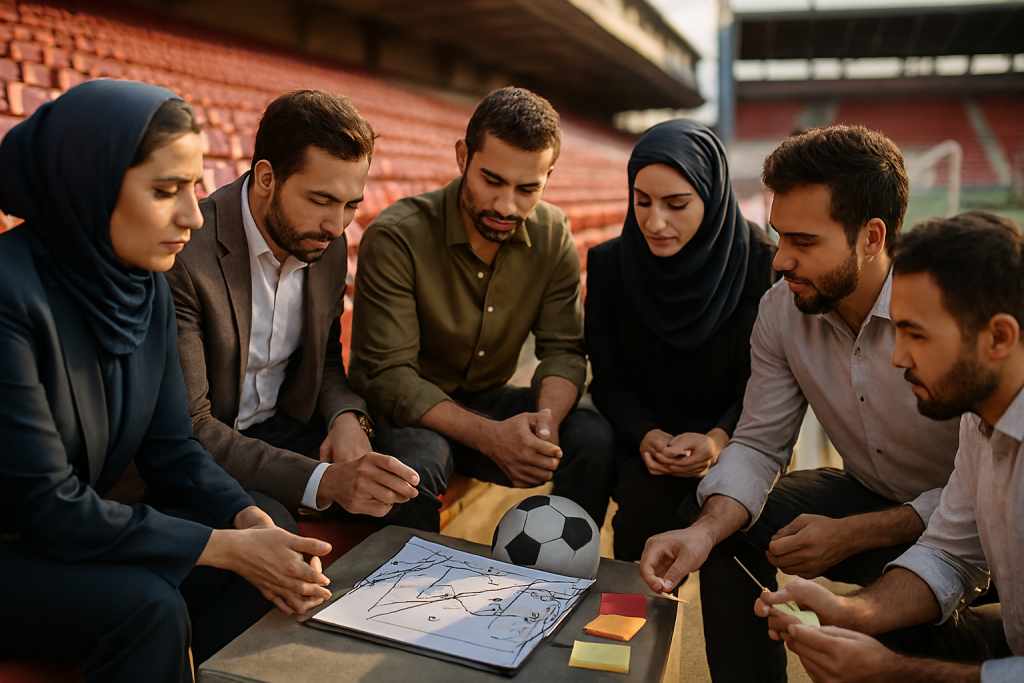 تیم مدیران و کارکنان ایرانی روی نیمکت ورزشگاه فوتبال نشسته‌اند و در حال طراحی یک استراتژی با یادداشت‌ها و لوازم تمرینی فوتبال هستند. 