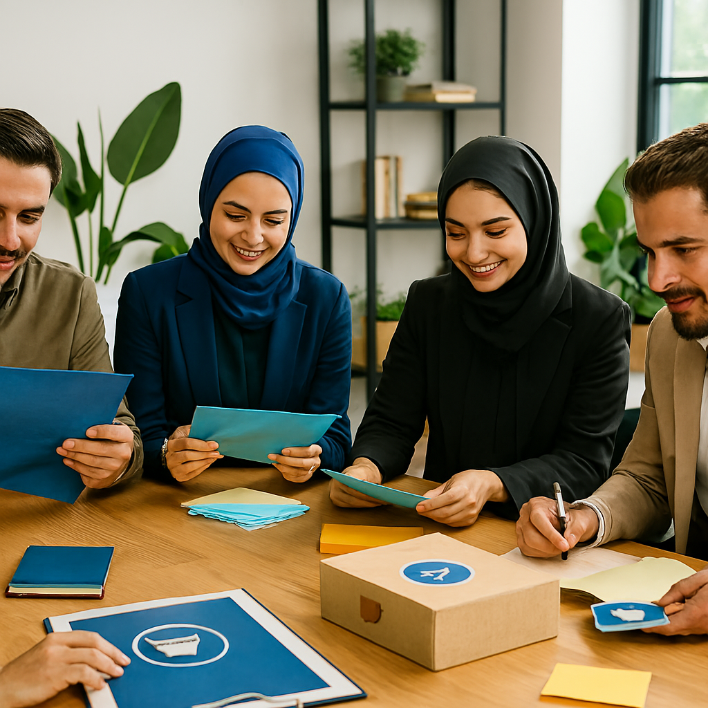 یک تیم کسبوکار ایرانی، در یک محیط اداری مدرن در حال باز کردن بستهها و نامههای پستی جذاب و رنگی هستند.