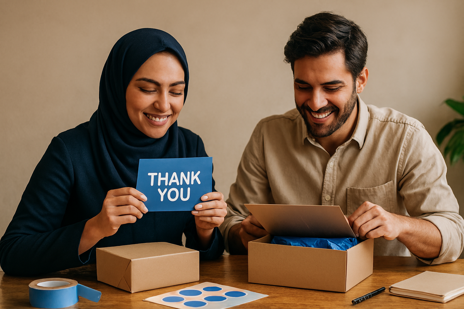 یک خانم و یک آقا در حال بررسی بستههای پستی بازشده روی میز چوبی هستند. خانم با لبخند ملایم پاکت نامه آبی رنگ را در دست دارد و مرد با هیجان در حال کنار زدن کاغذ بستهبندی داخل جعبه است.