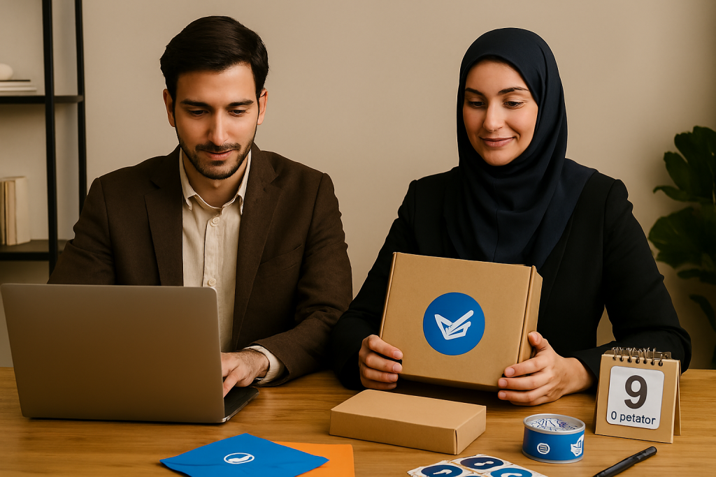 یک مدیر کسبوکار ایرانی و کارمند خانم در حال هماهنگی همزمان پیام دیجیتال و بسته پستی هستند. مرد در حال تایپ روی لپتاپ و زن در حال آمادهسازی بسته روی میز چوبی روشن. پاکتهای رنگی، نوار چسب، برچسبهای پستی و تقویم با تاریخ ۹ اکتبر روی میز قرار دارند.