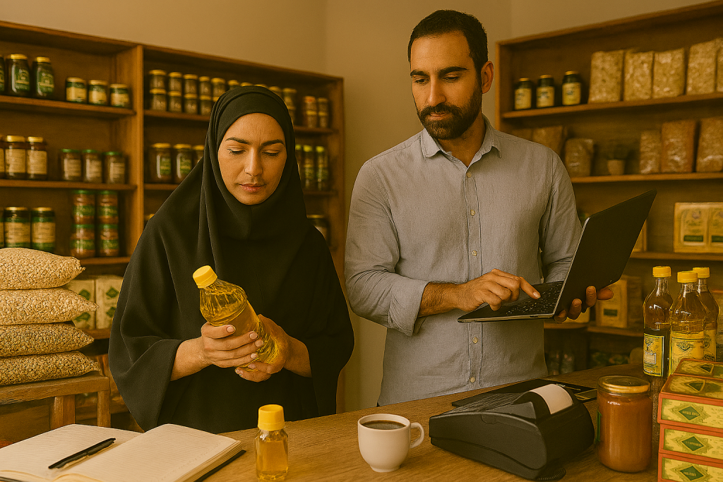 یک خانم و آقا، در فروشگاه ایستاده‌اند. خانم در حال بررسی بطری روغن، آقا مشغول کار با لپ‌تاپ. اطراف آن‌ها قفسه‌هایی پر از محصولات غذایی مثل عسل، روغن، برنج و بسته‌های رنگی.