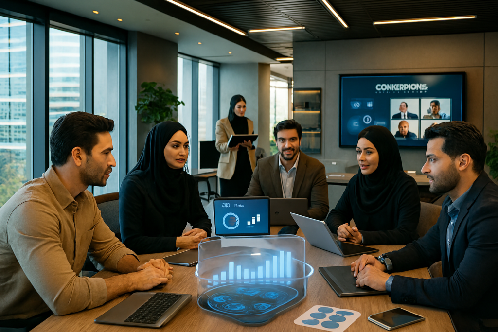 گروهی از مدیران و کارآفرینان ایرانی در یک دفتر مدرن و روشن با طراحی آیندهنگر نشستهاند. میزهای دیجیتال، نمایشگرهای هوشمند و دستگاههای تکنولوژی پیشرفته در محیط قرار دارند.