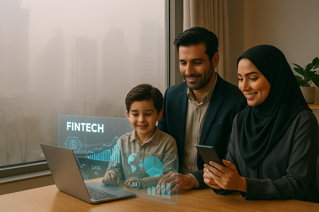 یک خانواده جوان ایرانی شامل پدر، مادر و فرزند، در داخل خانه‌ای مدرن و روشن کنار پنجره ایستاده‌اند. پدر با لپ‌تاپ و مادر با گوشی موبایل در حال بررسی خرید آنلاین هستند. بیرون پنجره، آلودگی هوا با مه نقره‌ای مشخص است. 