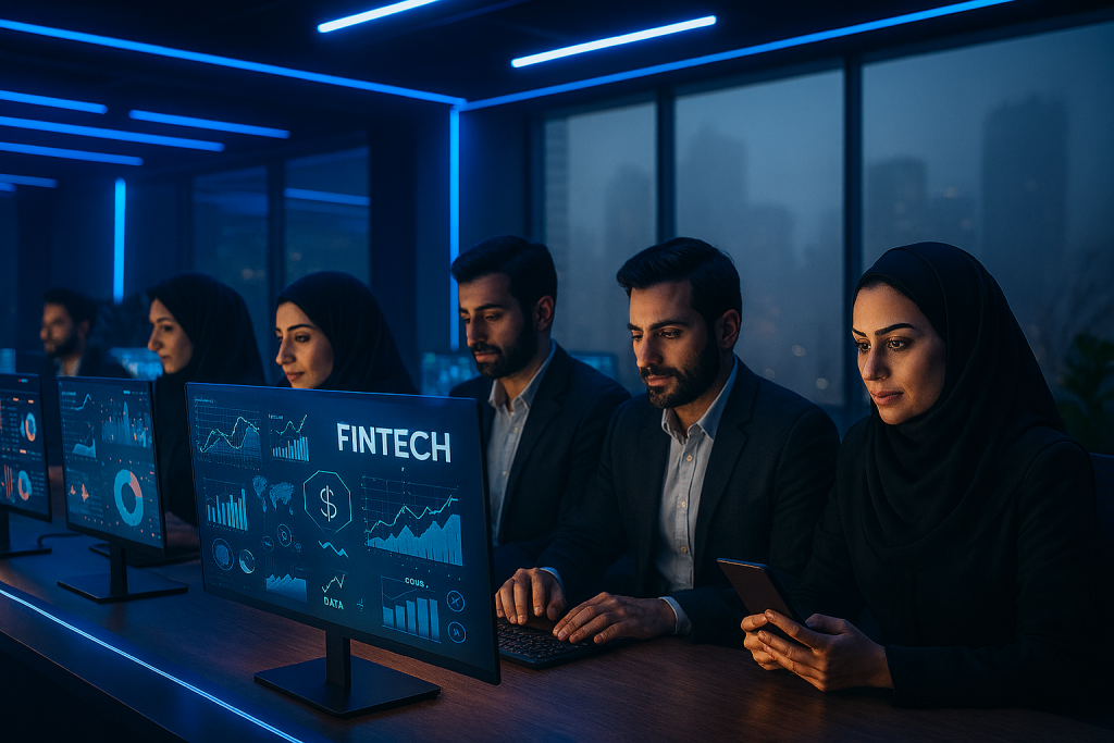 در نمای شب از یک مرکز کنترل دیجیتال، گروهی از بازاریاب‌ها و تحلیلگران ایرانی پشت میزهای کاری با مانیتورهای بزرگ نشسته‌اند و در حال رصد داده‌ها و طراحی کمپین هستند. نورهای LED آبی و سفید فضا را روشن کرده‌اند. در پس‌زمینه، نمایی از شهر آلوده و مه‌آلود از پشت دیوار شیشه‌ای دیده می‌شود که تضاد بین فضای دیجیتال پیشرفته و شرایط بحرانی بیرون را نشان می‌دهد. 