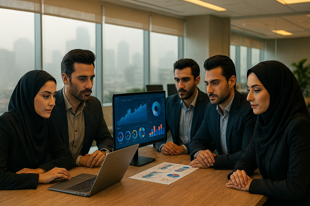 در یک دفتر کار مدرن با نور طبیعی ملایم و طراحی open office، گروهی از کارکنان ایرانی پشت میز جلسه ایستاده‌اند و با تمرکز بالا در حال بررسی داده‌ها روی لپ‌تاپ و نمایشگر بزرگ هستند. در پس‌زمینه، پنجره‌های بزرگ نمایی از یک شهر مه‌آلود و خاکستری را نشان می‌دهند که آلودگی هوا را تداعی می‌کند. 