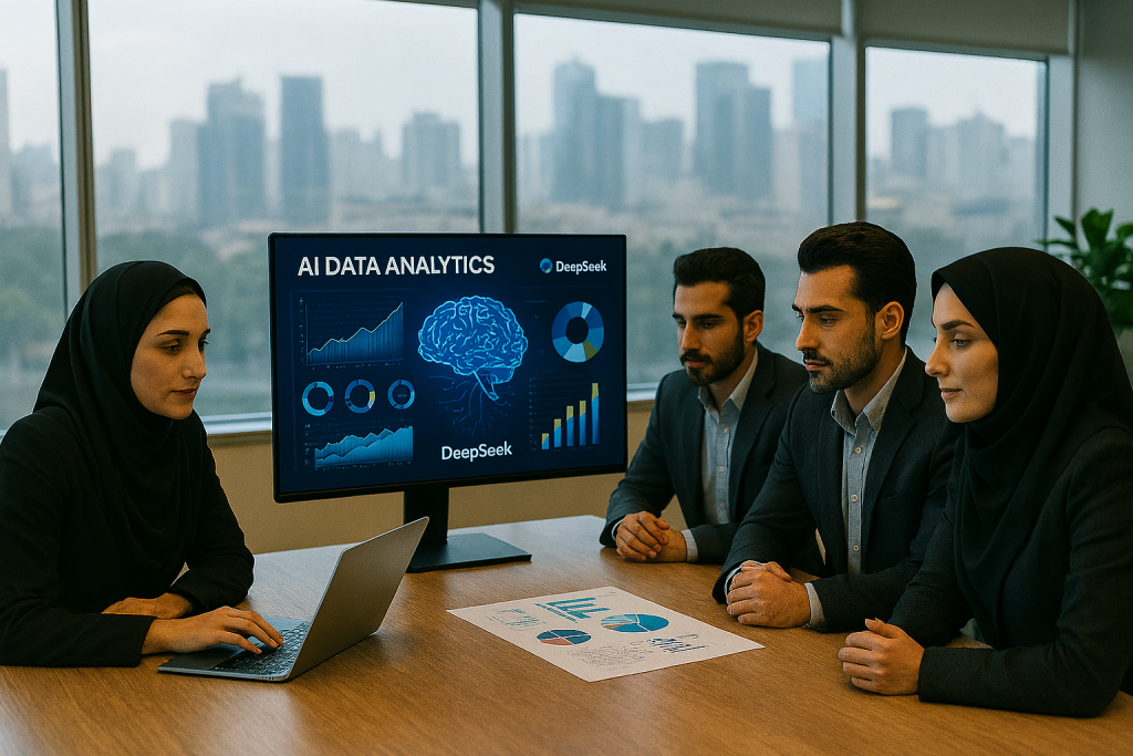 در یک اتاق جلسات مدرن و روشن، چند کارشناس حرفه‌ای کسب‌وکار ایرانی دور یک میز نشسته‌اند و به نمایشگر بزرگی نگاه می‌کنند که نمودارهای هوش مصنوعی DeepSeek را نمایش می‌دهد. نور طبیعی از پنجره‌های بزرگ می‌تابد و منظره شهری مدرن در پس‌زمینه دیده می‌شود. 
