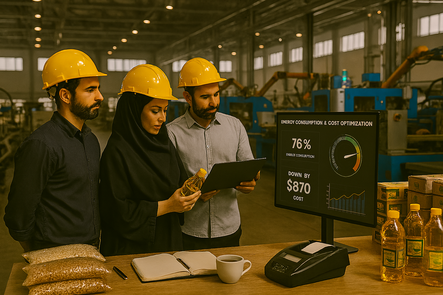 کارخانه‌ای پیشرفته با خطوط تولید مدرن و نور طبیعی. کارمندان در حال بررسی صفحه‌نمایش‌های دیجیتال مربوط به مصرف انرژی و کاهش هزینه‌ها. فضای تصویر ترکیبی از تکنولوژی، آینده‌نگری و قدرت صنعتی است.