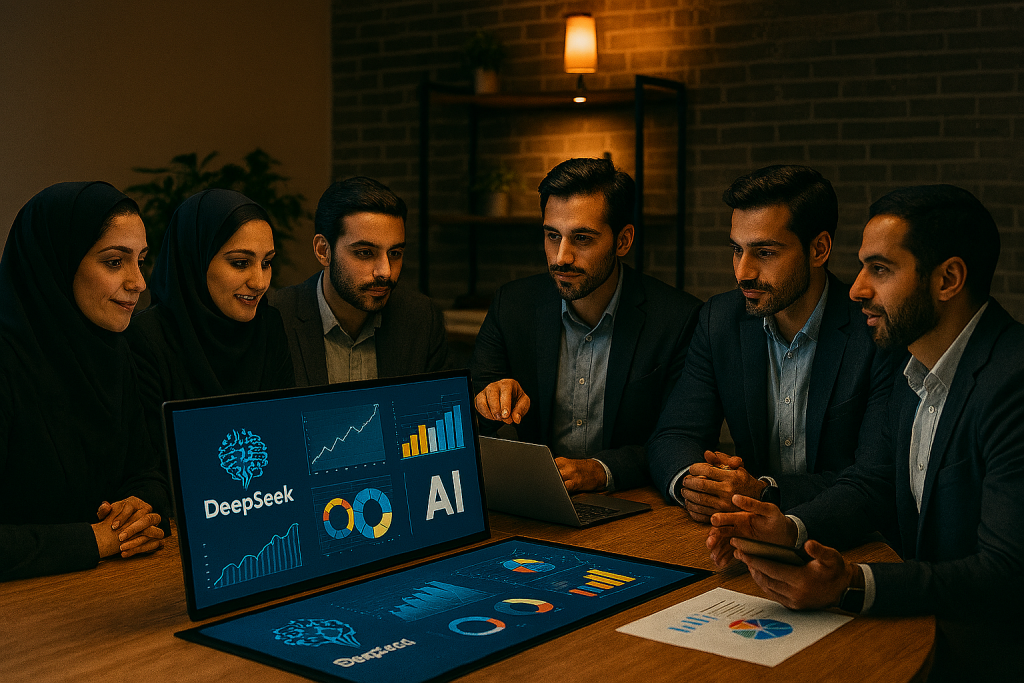 در یک صحنه مدرن از یک کسب‌وکار هوشمند، تیمی پنج نفره دور میزی نشسته‌اند. نمایشگرهای دیجیتال روی میز نمودارها و تحلیل‌های AI با متن "DeepSeek" و "AI" را نمایش می‌دهند. 