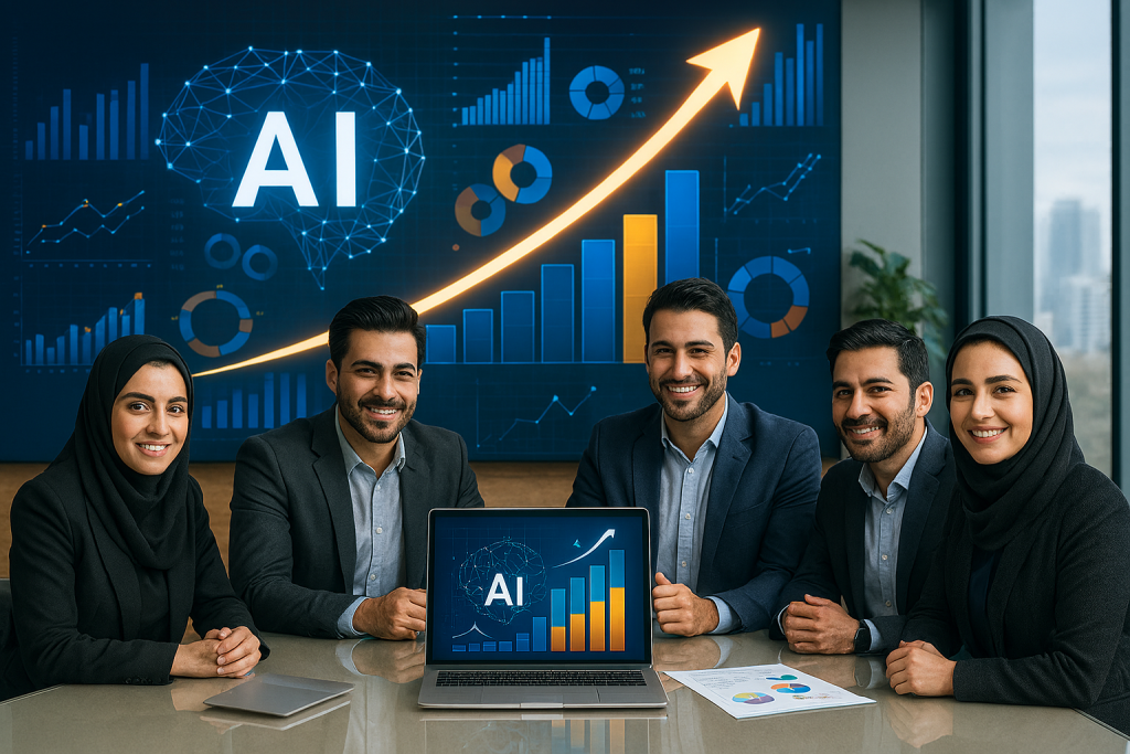 در یک صحنه سمبولیک از رشد کسب‌وکار با هوش مصنوعی، تیمی حرفه‌ای دور میز شیشه‌ای نشسته‌اند. در پس‌زمینه، داشبورد دیجیتال با نمودارهای صعودی و نماد مغز دیجیتال دیده می‌شود.