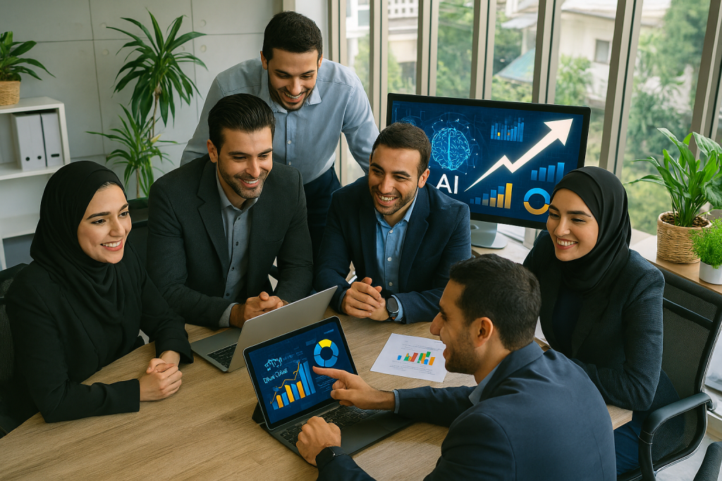 در یک فضای کاری باز و سالم، گروهی از کارکنان ایرانی دور میز چوبی روشن نشسته‌اند و در حال اجرای پروژه گروهی و خلاقانه هستند. 