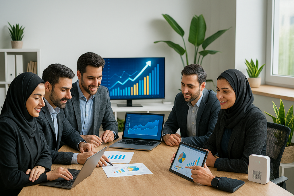 در یک محیط کاری روشن و مدرن، تیمی از کارکنان ایرانی دور میز چوبی مرتب نشسته‌اند. همه در حال تعامل گروهی و بررسی داده‌ها هستند. نور طبیعی از پنجره‌های بزرگ می‌تابد، گیاهان سبز در محیط دیده می‌شوند و دستگاه تصفیه هوا در کنار میز قرار دارد.