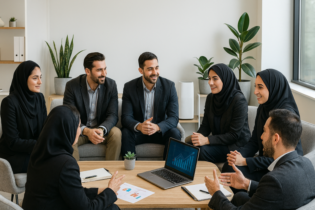 در یک محیط اداری باز و روشن، تیمی از کارکنان ایرانی در حال تبادل نظر هستند. هوا تمیز و روشن است، دستگاه تصفیه هوا در پس‌زمینه دیده می‌شود. تمرکز و تعامل واقعی در چهره‌ها مشهود است. جزئیات دقیق مانند لپ‌تاپ، دفترچه یادداشت و گیاهان کوچک روی میز کاملاً قابل مشاهده‌اند.  
