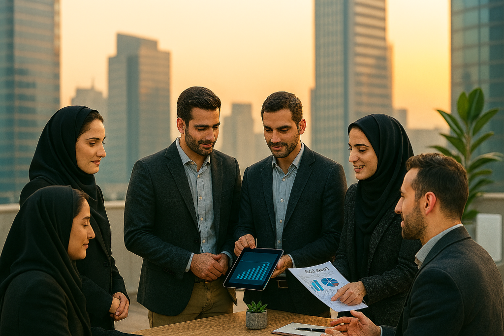 گروهی از مدیران و کارشناسان کسب‌وکار ایرانی در یک فضای باز شهری مدرن مثل پشت‌بام یا محوطه دفتر ایستاده‌اند و در حال تبادل نظر درباره داده‌ها و پیش‌بینی‌های فروش هستند. نور طبیعی طلوع یا غروب خورشید فضا را روشن کرده و حس انرژی و انگیزه را منتقل می‌کند. 