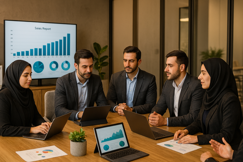 در یک اتاق جلسه مدرن و خلاق، تیمی از کسب‌وکار ایرانی دور میز بزرگی نشسته‌اند. لپ‌تاپ‌ها و تبلت‌ها روی میز قرار دارند و نمودارهای دیجیتال و پیش‌بینی فروش روی صفحه نمایش دیده می‌شود. افراد با تعامل فعال و بحث‌های جدی مشغول کار هستند. 