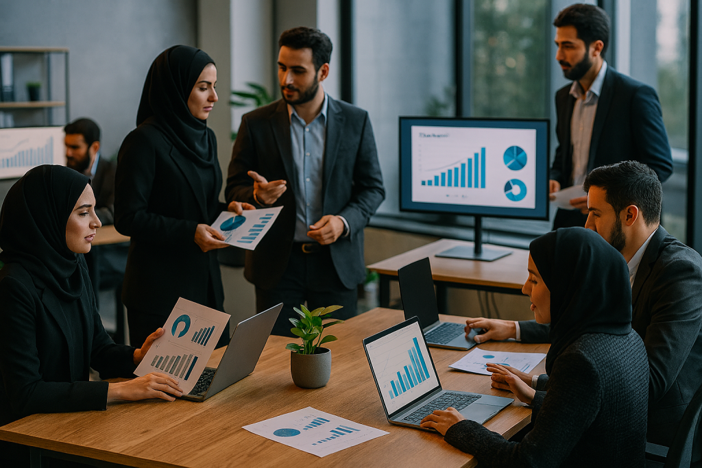 در یک دفتر باز مدرن، گروهی از کارکنان در حال مرور گزارش‌ها و نمودارهای هوش مصنوعی هستند. برخی ایستاده و برخی نشسته‌اند، با حالت‌های طبیعی و پویا. محیط کاری شامل میزهای چوبی، مانیتورها، لپ‌تاپ‌ها، گیاهان سبز و نورپردازی ترکیبی طبیعی و مصنوعی است.