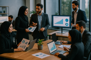 در یک دفتر باز مدرن، گروهی از کارکنان در حال مرور گزارش‌ها و نمودارهای هوش مصنوعی هستند. برخی ایستاده و برخی نشسته‌اند، با حالت‌های طبیعی و پویا. محیط کاری شامل میزهای چوبی، مانیتورها، لپ‌تاپ‌ها، گیاهان سبز و نورپردازی ترکیبی طبیعی و مصنوعی است.