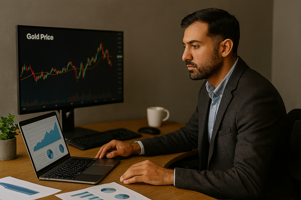 یک تحلیلگر ایرانی پشت میز کاری با لپ‌تاپ باز نشسته و به دقت به مانیتوری که نمودار قیمت طلا با خطوط صعودی و نزولی را نمایش می‌دهد، نگاه می‌کند.