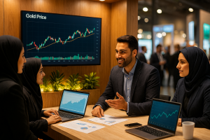 در یک نمایشگاه یا رویداد فروش ایرانی، تیم فروش در یک غرفه مدرن در حال گفت‌وگو با مشتریان هستند. در پشت غرفه، مانیتور بزرگی نمودار نوسانات قیمت طلا را نمایش می‌دهد. یکی از اعضای تیم با لبخند حرفه‌ای در حال ارائه استراتژی فروش است و مشتریان با دقت گوش می‌دهند.