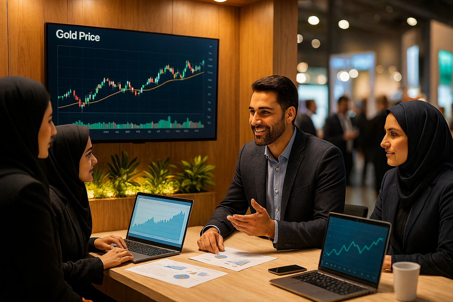 در یک نمایشگاه یا رویداد فروش ایرانی، تیم فروش در یک غرفه مدرن در حال گفت‌وگو با مشتریان هستند. در پشت غرفه، مانیتور بزرگی نمودار نوسانات قیمت طلا را نمایش می‌دهد. یکی از اعضای تیم با لبخند حرفه‌ای در حال ارائه استراتژی فروش است و مشتریان با دقت گوش می‌دهند.