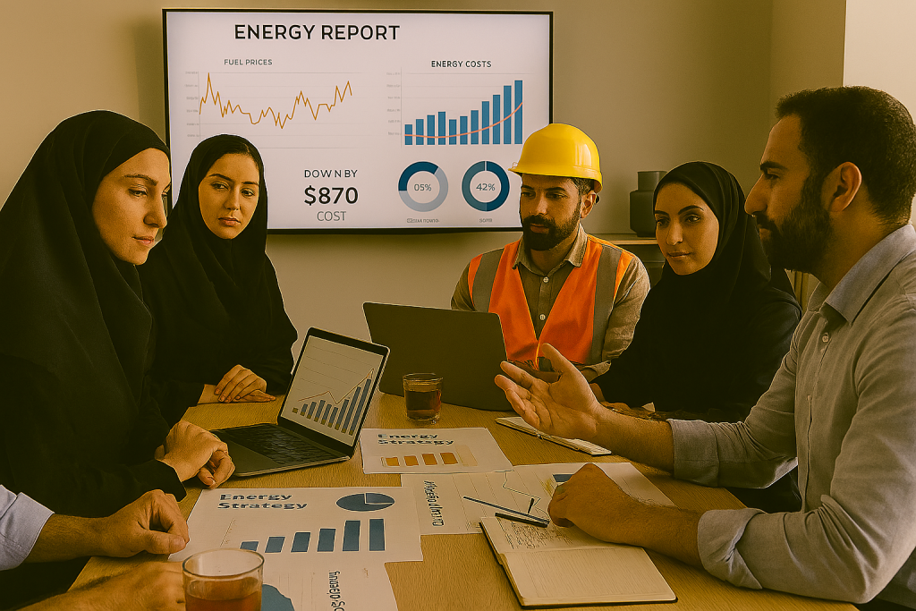 جلسه استراتژی انرژی در اتاقی مدرن با نورپردازی حرفه‌ای.کارکنان پشت میز بزرگی پر از نمودارهای انرژی، لپ‌تاپ و اسناد مالی نشسته‌اند. روی دیوار صفحه‌نمایش بزرگی با نمودارهای قیمت سوخت و هزینه انرژی دیده می‌شود. 