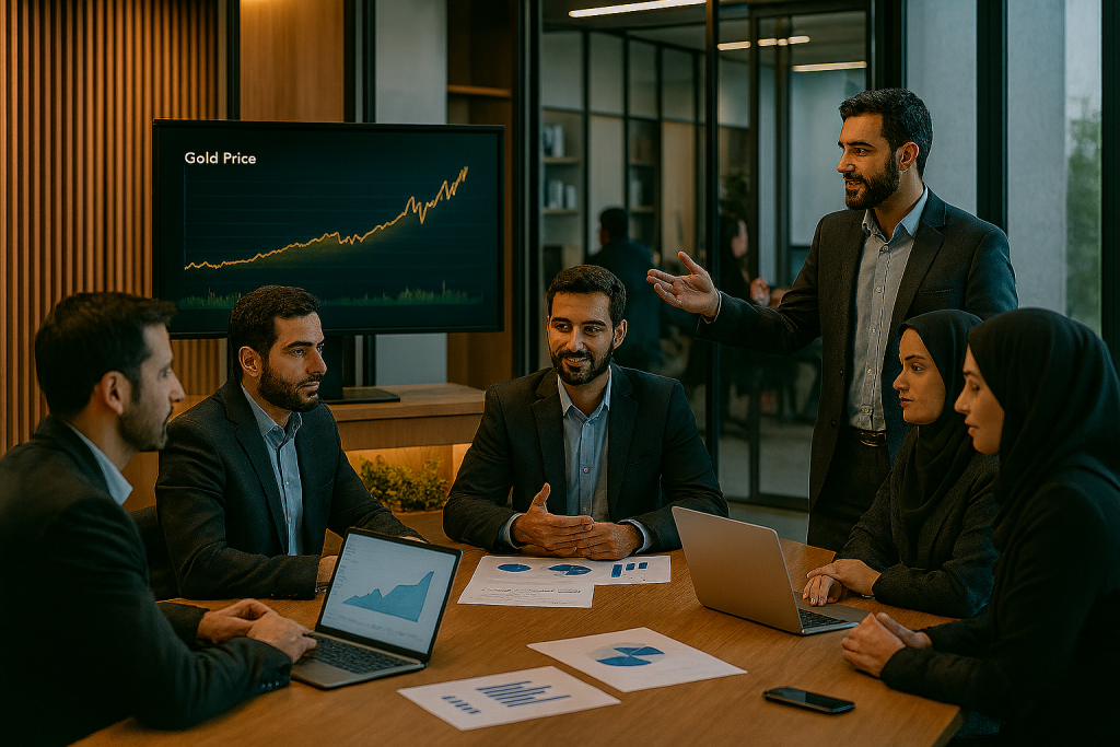 در یک دفتر مدرن ایرانی با نور طبیعی و دکور چوبی و شیشه‌ای، گروهی کامل دور یک میز بزرگ نشسته‌اند. روی میز نمودارهای اقتصادی و لپ‌تاپ‌های باز دیده می‌شود. یکی از مردان در حال توضیح تغییرات قیمت طلا روی مانیتور بزرگی است که نمودار طلایی‌رنگی روی آن نمایش داده می‌شود. 