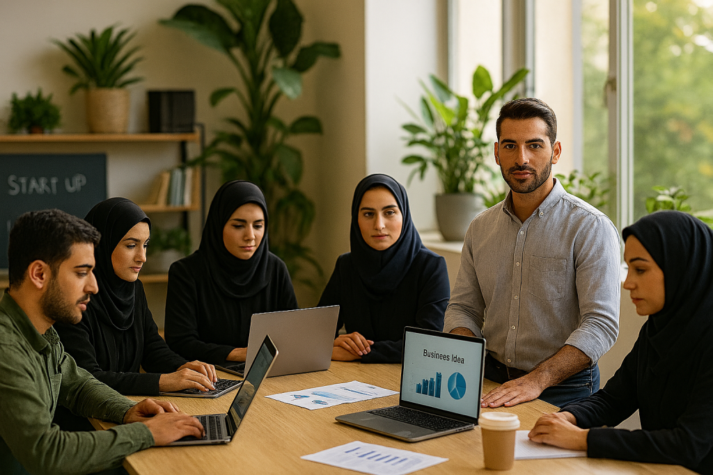 در یک فضای کاری اشتراکی مدرن، گروهی از دانشجویان ایرانی دور میز چوبی بزرگی نشستهاند. لپتاپ و تبلت جلویشان قرار دارد و همه با تمرکز و همکاری در حال کار هستند. دیوارهای روشن و گیاهان طبیعی در اطراف دیده میشوند.