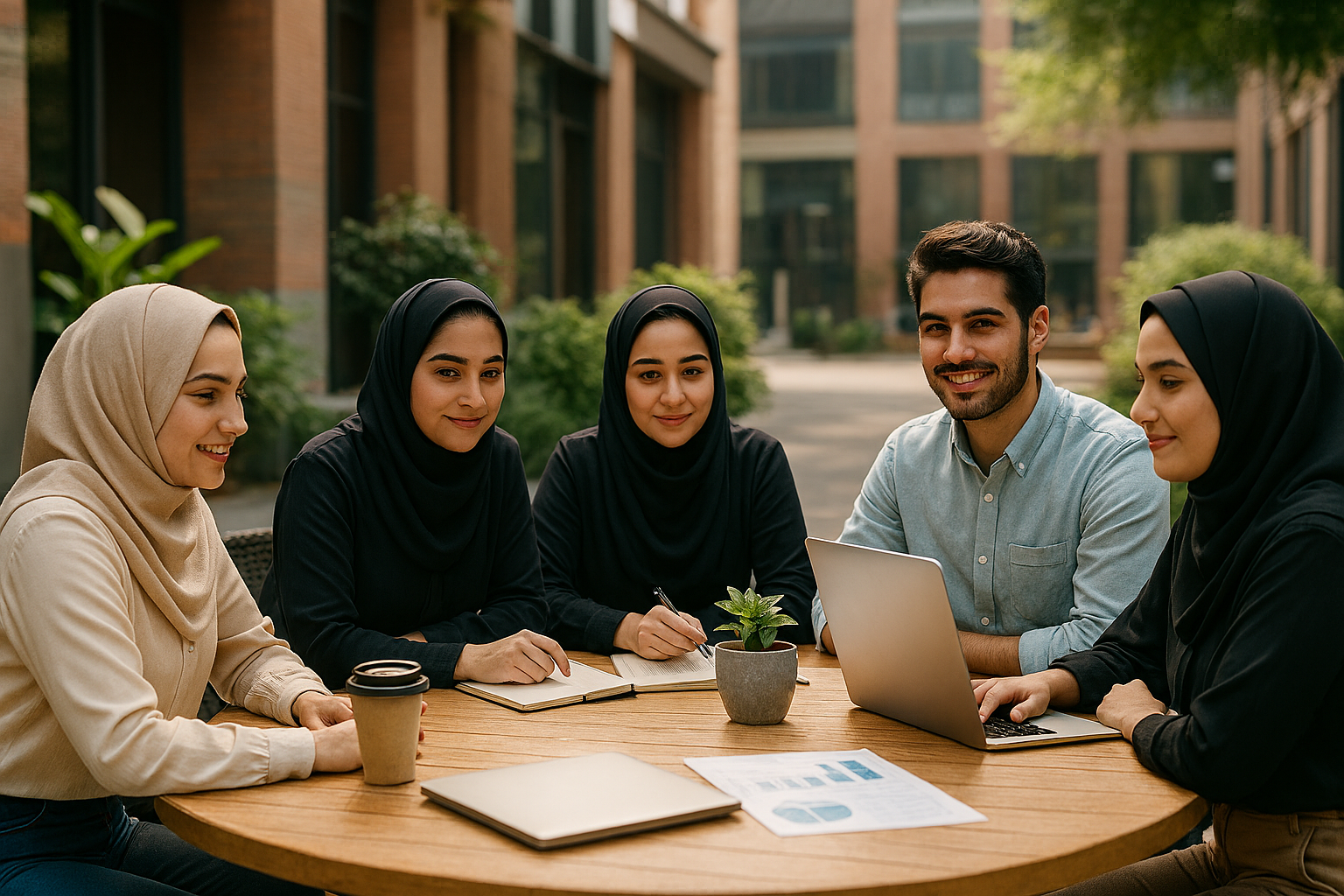 در یک فضای باز دانشگاهی یا کافه، گروهی از دانشجویان ایرانی دور میز چوبی گردی نشسته‌اند. لپ‌تاپ، دفترچه و نمودارهای چاپ‌شده روی میز قرار دارند. نور طبیعی از میان درختان می‌تابد، گیاهان سبز در اطراف دیده می‌شوند و پس‌زمینه شامل ساختمان‌های آجری و شیشه‌ای است.