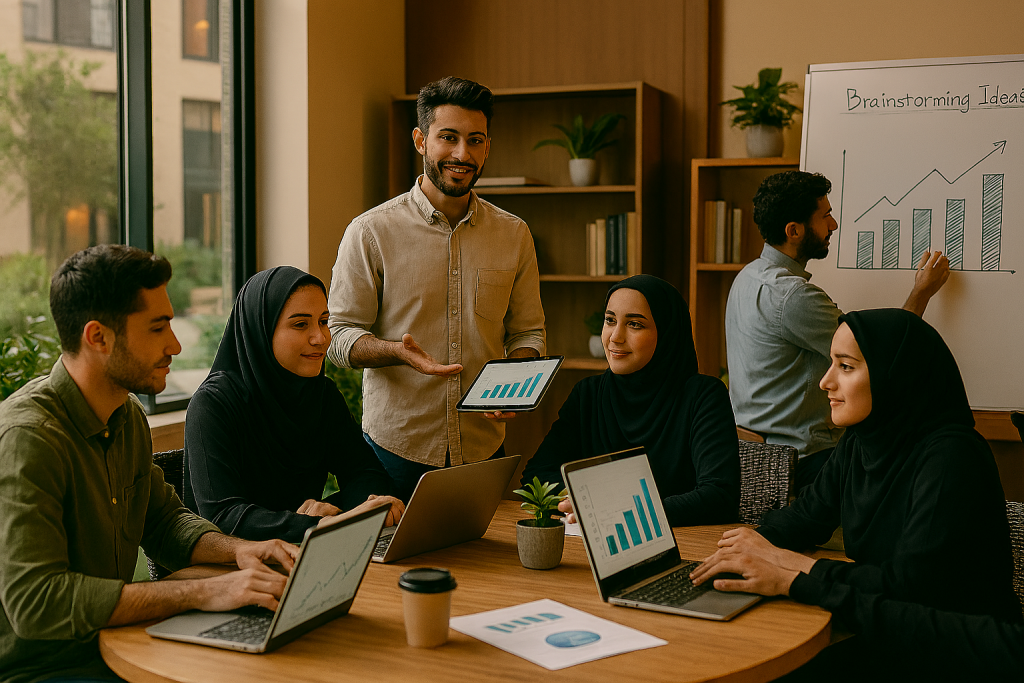 در یک دفتر مدرن با پنجره‌های بزرگ و نور طبیعی، تیمی در حال همکاری در فضای کاری همزمان دیجیتال و فیزیکی هستند. برخی با لپ‌تاپ‌ها مشغول بررسی داده‌ها هستند، برخی روی تخته سفید هوشمند ایده‌پردازی می‌کنند، و یک نفر با تبلت در حال ارائه است. 