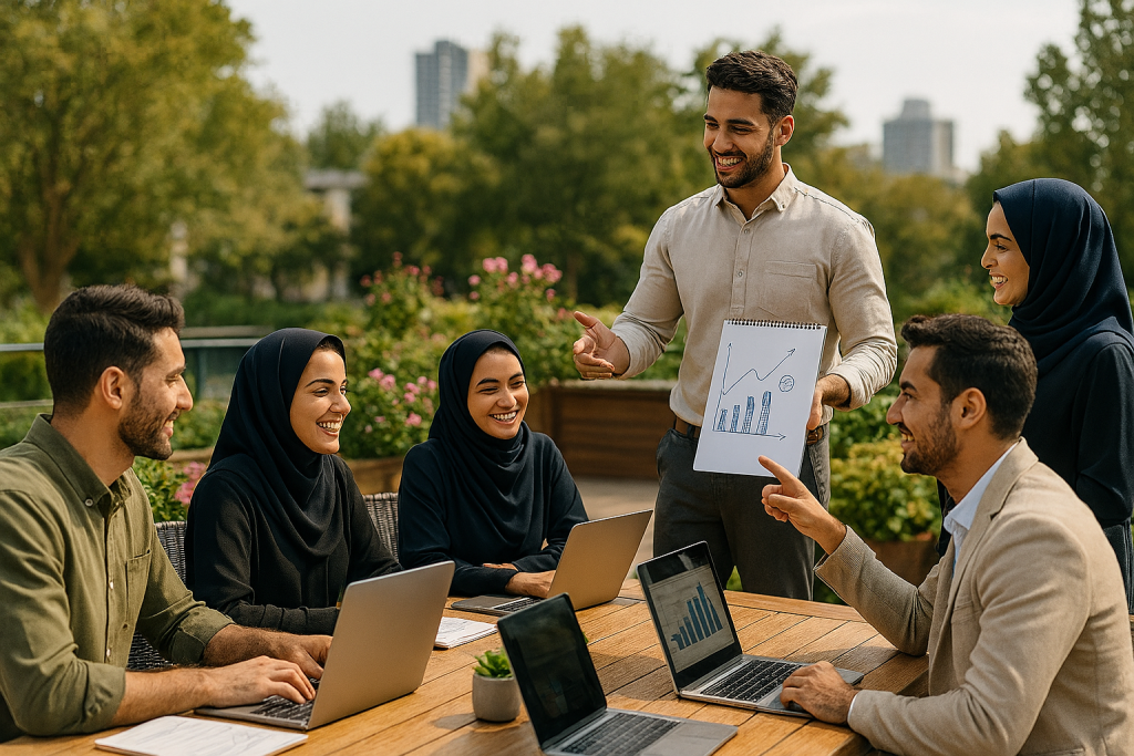 در یک تراس یا فضای سبز شهری، گروهی از دانشجویان ایرانی دور میز چوبی بزرگی نشسته‌اند. نور طبیعی خورشید فضا را روشن کرده و گل‌ها و گیاهان سبز در پس‌زمینه دیده می‌شوند.