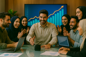 در یک اتاق جلسه مدرن با نورپردازی حرفه‌ای، تیمی از استارتاپ ایرانی دور میز شیشه‌ای جمع شده‌اند. محصول دیجیتال یا نمونه اولیه فیزیکی روی میز قرار دارد و همه با هیجان و لبخند به آن نگاه می‌کنند. دست‌ها به سمت محصول دراز شده و تعامل مثبت بین اعضا دیده می‌شود.