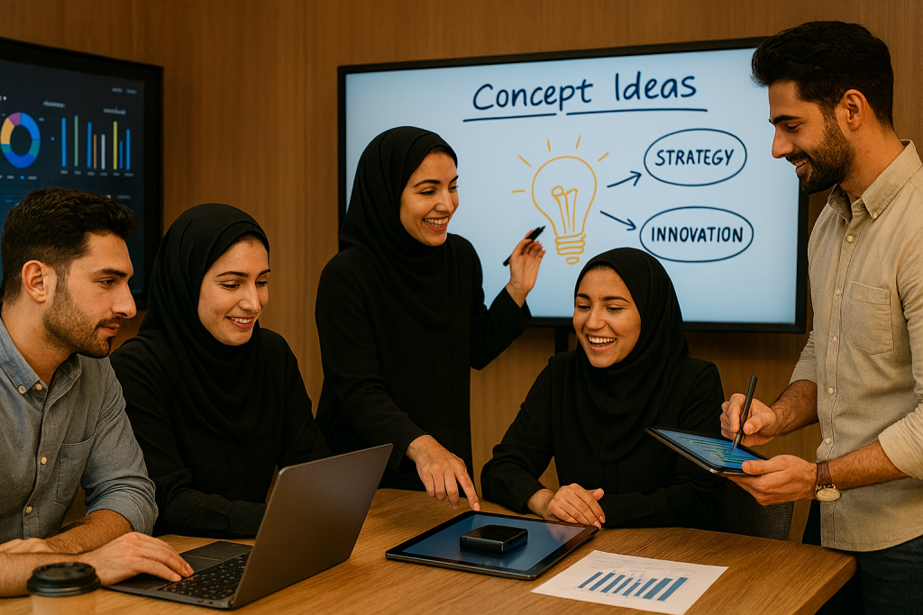 در یک فضای کاری مدرن با دیوارهای چوبی و نمایشگرهای دیجیتال، چهار کارآفرین ایرانی در حال همکاری و ایده‌پردازی هستند. یکی از خانم‌ها روی تخته سفید دیجیتال با عنوان "Concept Ideas" در حال ترسیم نماد لامپ و نمودارهای خلاقانه است. دیگری با تبلت در حال یادداشت‌برداری است. دو آقا نیز یکی با لپ‌تاپ و دیگری با تبلت در حال بررسی نمودارهای رنگی هستند. 