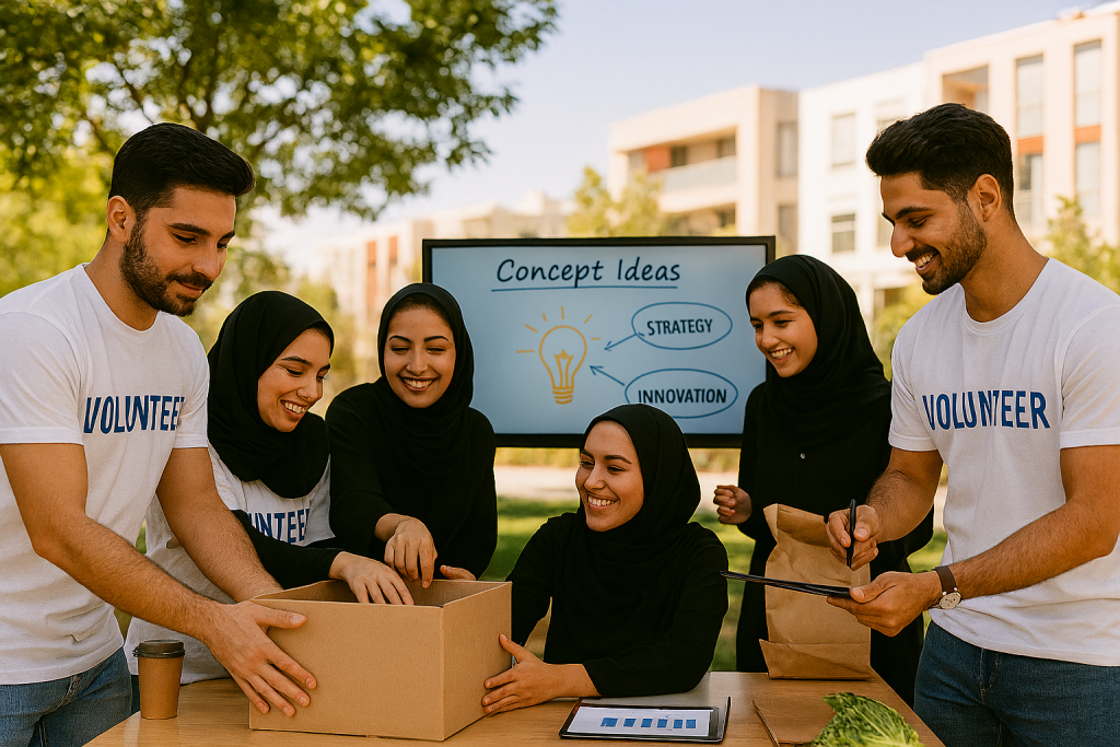 در یک فضای باز شهری یا آموزشی، گروهی از جوانان ایرانی در حال اجرای یک پروژه اجتماعی هستند. آن‌ها دور میز تاشویی با جعبه‌های کمک‌رسانی ایستاده‌اند، در حال بسته‌بندی اقلام غذایی و تعامل صمیمی با یکدیگر. 